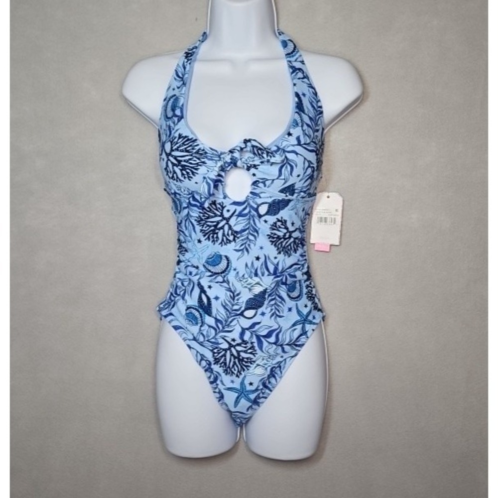 Stella Parker Womens Blue Seashell Halter One Piece‎ Swimsuit Size Small NWT